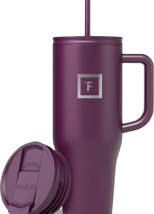 IRON °FLASK Co-Pilot Insulated Mug w/Straw & Flip Cap Lids - Cup Holder Bottle for Hot, Cold Drink - Leak-Proof - Water, Coffee Portable Travel Mug - Burgundy, 40 Oz