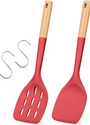 Pack of 2 Silicone Spatula, Non Stick Cooking Utensil Set Wooden Handle Kitchen Turner for Baking Mixing Grilling Serving Food Heat Resistant Non Scratch Hooks Included (Red)