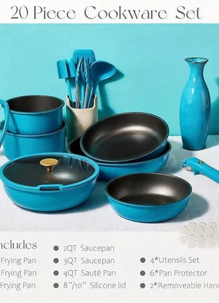 CAROTE 20pcs Pots and Pans Set, Nonstick Cookware Set Detachable Handle, Induction Kitchen Cookware Sets Non Stick with Removable Handle, RV Cookware Set, Peacock Blue