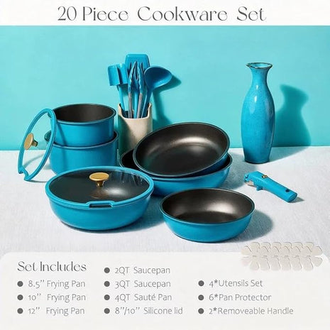 CAROTE 20pcs Pots and Pans Set, Nonstick Cookware Set Detachable Handle, Induction Kitchen Cookware Sets Non Stick with Removable Handle, RV Cookware Set, Peacock Blue