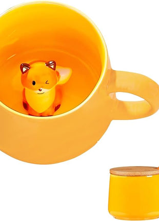 BigNoseDeer Kawaii Fox Mug Cute Mugs with 3D Fox Inside Ceramic Coffee Mug with Lid and Spoon Cute Stuff Birthday Gifts Cute Gifts For Women 13.5oz