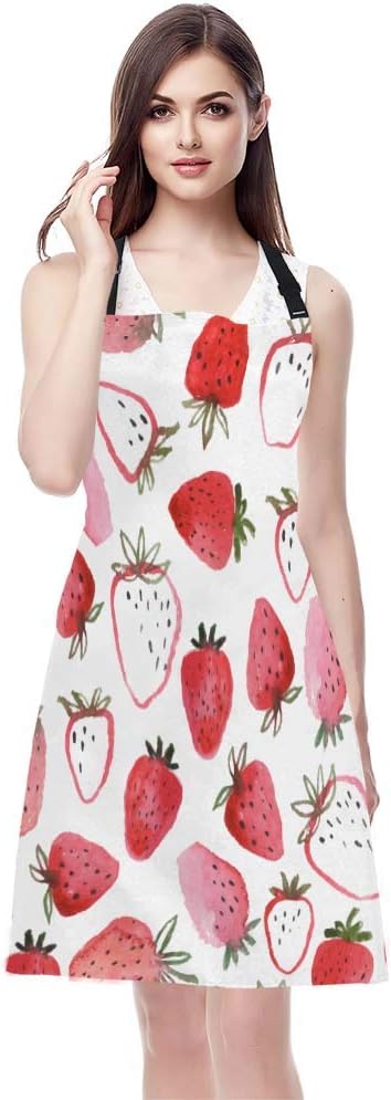 EKOBLA Strawberry Aprons Abstract Watercolor Hand Drawn Beautiful Fruit Fresh Sweet Spring Waterproof Resistant Chef Cooking Kitchen BBQ Adjustable Aprons for Women Men 27x31 Inch