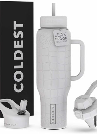 Coldest Tumbler with Handle and Straw - 100% Leak Proof Insulated Tumbler with Lid and Straw (3 Lids) - Stainless Steel Tumblers for Women & Men - Cup Holder Friendly Base, 46 oz (White Croc)