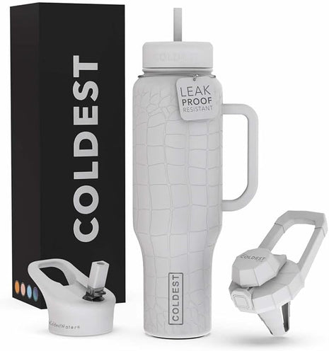 Coldest Tumbler with Handle and Straw - 100% Leak Proof Insulated Tumbler with Lid and Straw (3 Lids) - Stainless Steel Tumblers for Women & Men - Cup Holder Friendly Base, 46 oz (White Croc)