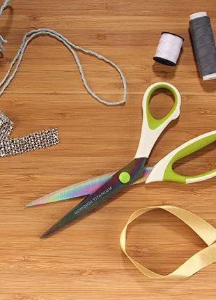 BambooMN Titanium Softgrip Scissors Set for Sewing, Arts, Crafts, Office - 30 Sets of 3 - White w/Green Inlays
