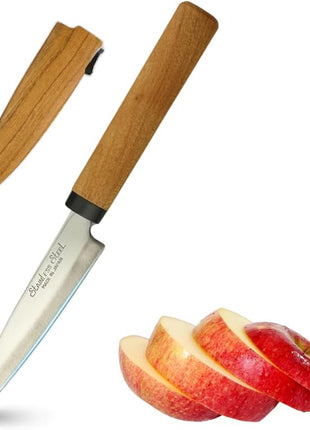 Japanese Paring Knife 4-Inch, High Carbon Stainless Steel Fruit Knife with Wooden Handle and Sheath, Small Utility Kitchen Knife for Peeling, Coring, Mincing, Made in Japan