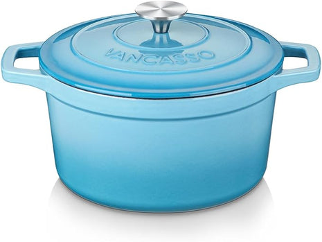 vancasso Enameled Cast Iron Dutch Oven, 2.5 QT Blue Naturally Non-Stick Casserole Dish Cookware, with Stainless Steel Knob Lid Cast Iron Casserole for Steam Braise Bake Broil Saute Simmer Roast