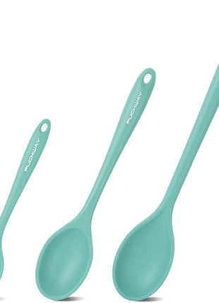 3 Pcs Silicone Spoons Set of 7.9 10.6 14.2 inch for Cooking, Heat Resistant Kitchen Spoons for Mixing, Stirring, and Serving, Small to Large Non Stick (Green)