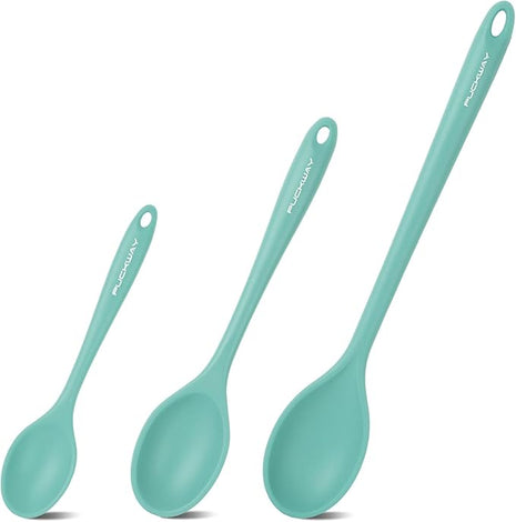 3 Pcs Silicone Spoons Set of 7.9 10.6 14.2 inch for Cooking, Heat Resistant Kitchen Spoons for Mixing, Stirring, and Serving, Small to Large Non Stick (Green)