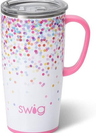 Swig Life 22oz Travel Mug, Insulated Tumbler with Handle and Lid, Cup Holder Friendly, Dishwasher Safe, Stainless Steel, Travel Coffee Cup, Insulated Mug with Lid (Confetti)