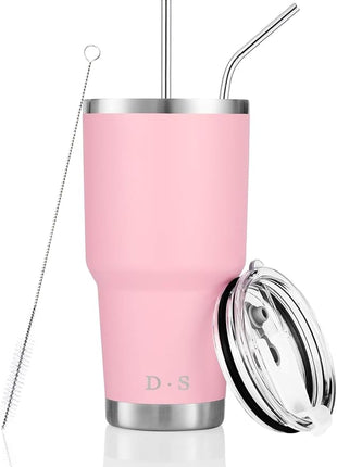 D·S 30 oz Pink Tumbler Stainless Steel Double Wall Vacuum Insulated Mug with Straw and Lid, Cleaning Brush for Cold and Hot Beverages (30oz Pink)