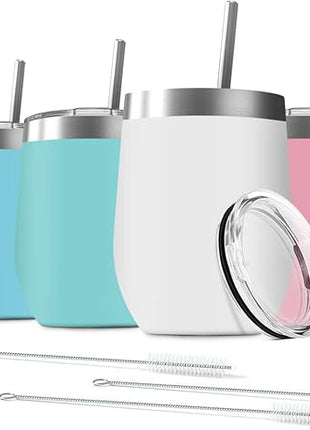 6 Pack 12 oz Stainless Steel Wine Tumbler with Lids, Double Wall Vacuum Insulated Travel Cup Including 6 Straws Set for Coffee, Cocktail, Drink, Tea and Beer (Assorted Colors)
