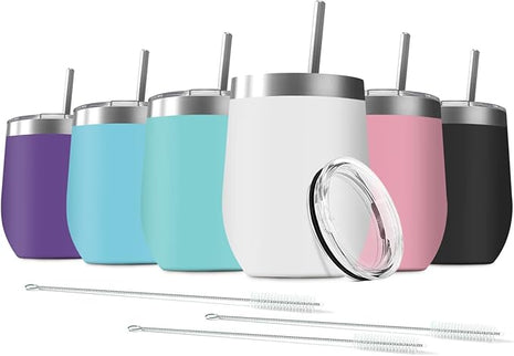 6 Pack 12 oz Stainless Steel Wine Tumbler with Lids, Double Wall Vacuum Insulated Travel Cup Including 6 Straws Set for Coffee, Cocktail, Drink, Tea and Beer (Assorted Colors)