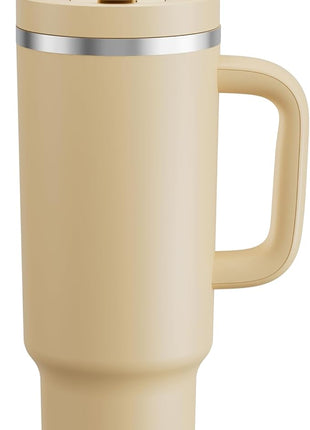 ENCOOL 40 oz Tumbler with Handle and Straw: Stainless Steel Insulated Tumbler Keeps Cold for 24 Hours, Leakproof Travel Cup Fits in Cup Holder and BPA-Free, Indian Khaki