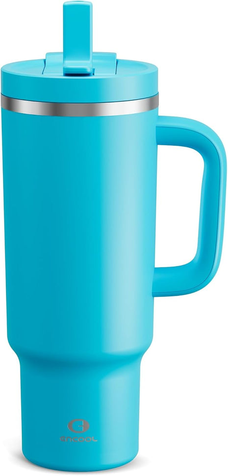 40 oz Tumbler with Handle and Straw: Stainless Steel Insulated Tumbler Keeps Cold for 24 Hours, Leakproof Travel Cup Fits in Cup Holder and BPA-Free,Azure Blue