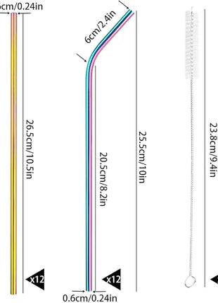 [24 PCS] Value Pack Reusable Stainless Steel Straws in Bulk Extra Long 10.4 inch Colorful,Tomorotec Metal Straw Sets with Cleaning Brushes,12 Straight 12 Bent For Tumblers Beverage Drink Cocktail