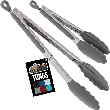 GORILLA GRIP Stainless Steel Heat Resistant Kitchen Tongs for Cooking, Set of 2 BBQ Tong, Non Scratch Silicone Tip for Pans, Strong Grip, Grab Food, Toss Salad, Air Fryer, Pull Lock, 7 + 9 Inch, Gray