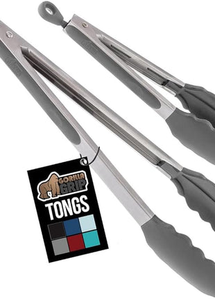 GORILLA GRIP Stainless Steel Heat Resistant Kitchen Tongs for Cooking, 9 + 12 Inch, Set of 2 BBQ Tong, Non Scratch Silicone Tip for Pan, Strong Grip, Grab Food, Toss Salad, Air Fryer, Pull Lock, Gray