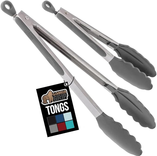 GORILLA GRIP Stainless Steel Heat Resistant Kitchen Tongs for Cooking, 9 + 12 Inch, Set of 2 BBQ Tong, Non Scratch Silicone Tip for Pan, Strong Grip, Grab Food, Toss Salad, Air Fryer, Pull Lock, Gray