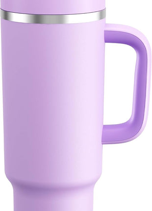 40 oz Tumbler with Handle and Straw: Stainless Steel Insulated Tumbler Keeps Cold for 24 Hours, Leakproof Travel Cup Fits in Cup Holder and BPA-Free, Lavender