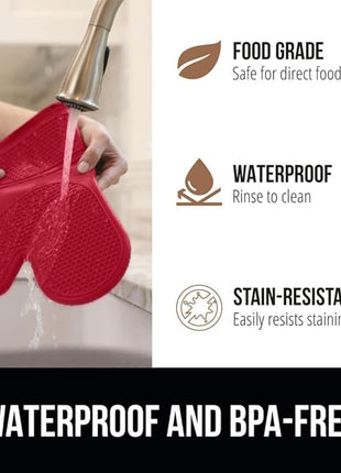 GORILLA GRIP BPA-Free Soft Silicone Oven Mitts, 14.5x8.3, Heat Resistant and Waterproof Cooking Gloves, Thick Cotton Lining, Flexible Gripping Kitchen Potholders Set of 2, Christmas Kitchen Decor, Red