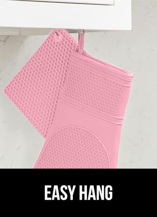 GORILLA GRIP BPA-Free Soft Silicone Oven Mitts and Pot Holders Sets of 4, Heat Resistant Waterproof Cooking Gloves, Thick Cotton Lining, Flexible Gripping for Baking Grilling, Kitchen Trivets, Pink