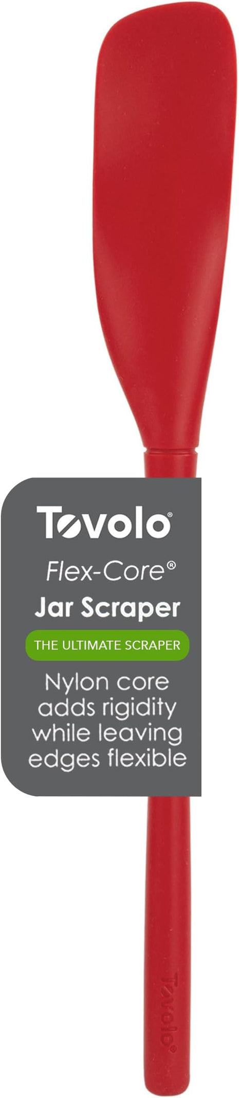 Tovolo Flex-Core All-Silicone Long-Handled Jar Scraper Spatula, Angled Turner Head, Kitchen Tool With Flat Back & Curved Front for Scooping & Scraping, Cayenne