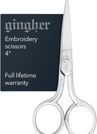 Gingher Embroidery Scissors, Precision Craft Scissors, Hand-Tuned Blades & Double Loop Handle, 4”, Silver/Nickel