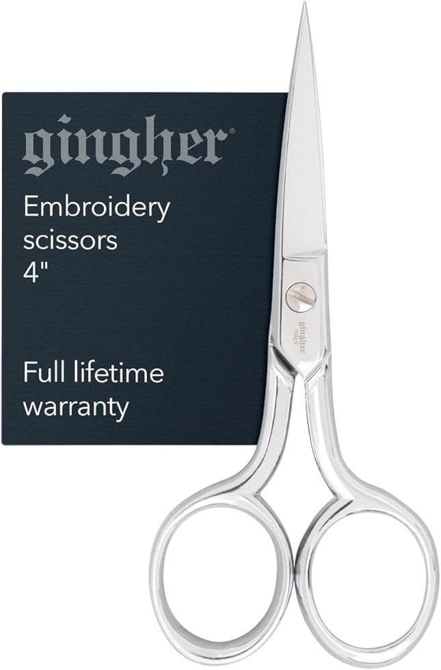 Gingher Embroidery Scissors, Precision Craft Scissors, Hand-Tuned Blades & Double Loop Handle, 4”, Silver/Nickel