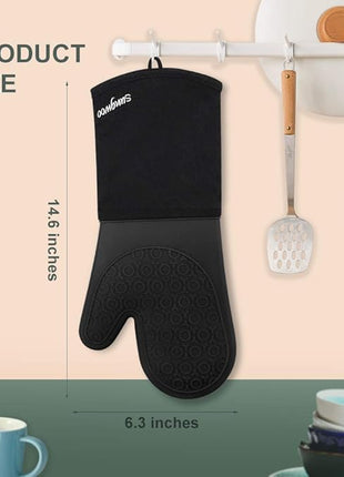 sungwoo Extra Long Silicone Oven Mitts, Heat Resistant Oven Gloves with Quilted Liner Non-Slip Textured Grip Perfect for BBQ, Baking, Cooking and Grilling - 1 Pair 14.6 Inch Black