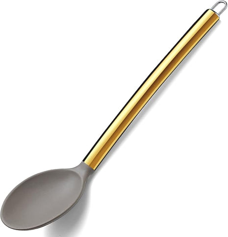 Berglander Non-stick Silicone Solid Serving Spoon, Titanium Gold Plating handle, Basting Spoon, Dishwasher Safe, Easy to Clean