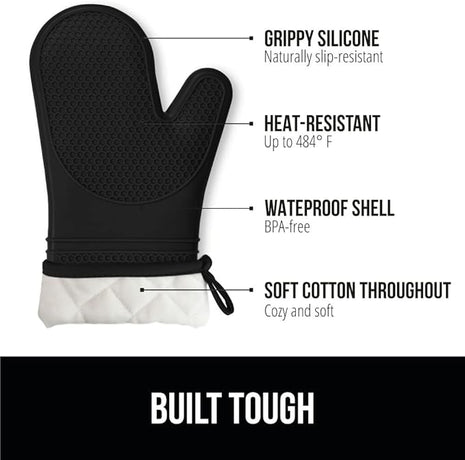 GORILLA GRIP BPA-Free Soft Silicone Oven Mitts, 14.5x8.3, Heat Resistant and Waterproof Cooking Gloves, Thick Cotton Lining, Flexible Gripping for Baking Grilling, Kitchen Potholders Set of 2, Black