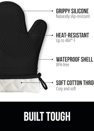 GORILLA GRIP BPA-Free Soft Silicone Oven Mitts, Heat Resistant and Waterproof Cooking Gloves, Thick Cotton Lining, Flexible Gripping, Kitchen Potholders Set, Holiday Baking Essentials, 12.5x8.3, Black