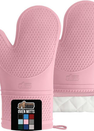GORILLA GRIP BPA-Free Soft Silicone Oven Mitts, Heat Resistant and Waterproof Cooking Gloves, Thick Cotton Lining, Flexible Gripping for Baking Grilling, Kitchen Potholders Set of 2, 12.5x8.3, Pink