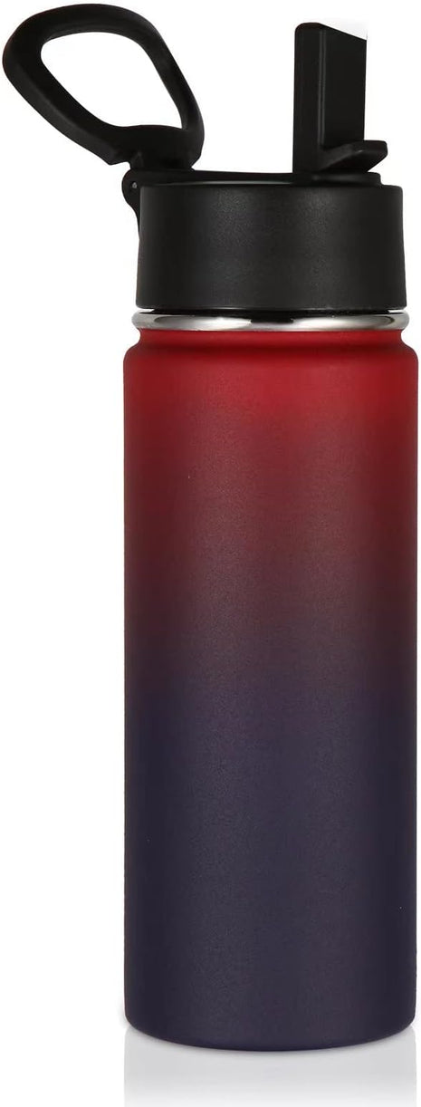 Volhoply 18oz Kids Insulated Water Bottle,Stainless Steel Water Bottles with Straw Lid,Double Wall Vacuum Metal Sports Water Flask,Wide Mouth Reusable Travel Cups For Cold Drink(Red Purple,1 Set)