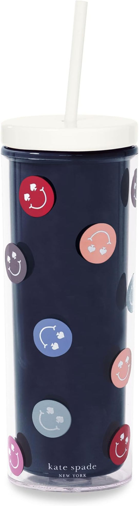 kate spade new york Acrylic Tumbler with Lid and Straw, 24 oz Tumbler, Slim Double Wall Tumbler (Spade Smiley)