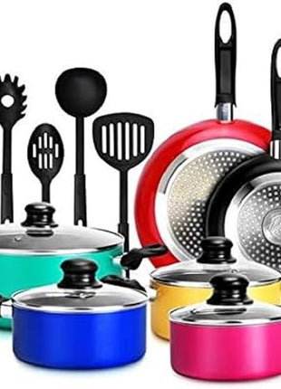 NutriChef 15-Piece Colorful Nonstick Kitchen Cookware Set | Heat Resistant Lacquer Kitchen Ware Pots and Pans Set w/Saucepot, Frying Pans, Pots, Oven Pot, Lids, Utensil