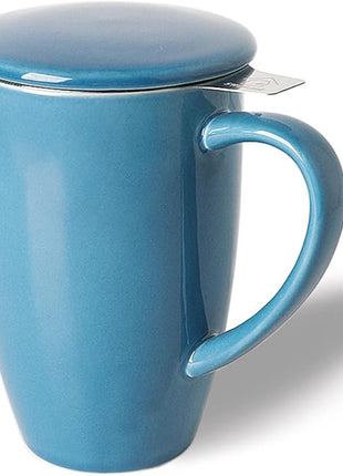 Sweejar Porcelain Tea Infuser Mug with Lid, 16 oz Teacup with Strainers for Loose Leaf Tea, Microwave and Dishwasher Safe Coffee Mug(Fog blue)