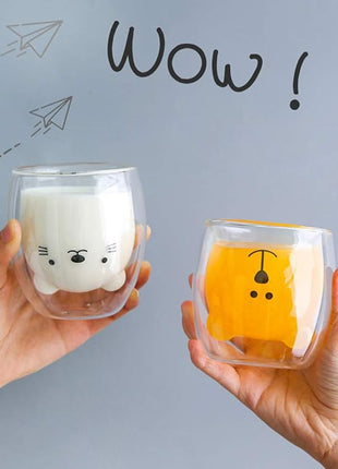 Cute Mugs Double Wall Glass Coffee Glass Cup Kawaii Bear Tea Milk Cup Funny Mug Animal Mug Aesthetic Cup for Office and Personal Birthday Gift (Happy bear)