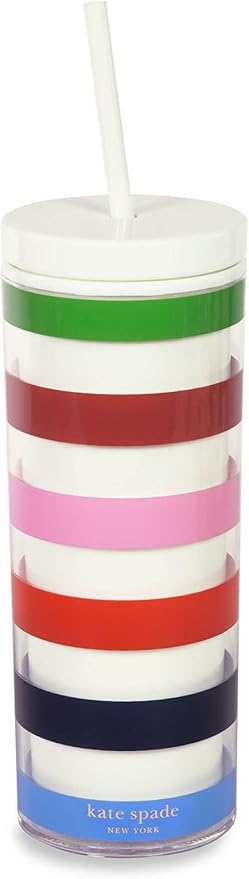 kate spade new york Acrylic Tumbler with Lid and Straw, 24 oz Tumbler, Slim Double Wall Tumbler, Adventure Stripe