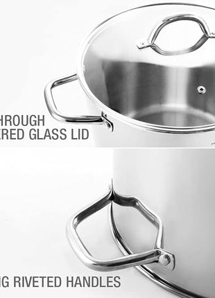 HOMICHEF 16 Quart LARGE Stock Pot with Glass Lid - NICKEL FREE Stainless Steel Healthy Cookware Stockpots with Lids 16 Quart - Mirror Polished Induction Cooking Pot
