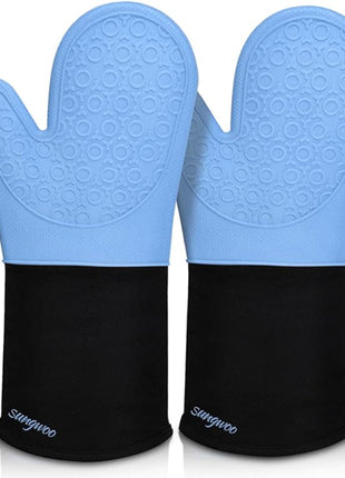 sungwoo Extra Long Silicone Oven Mitts, Heat Resistant Oven Gloves with Quilted Liner Non-Slip Textured Grip Perfect for BBQ, Baking, Cooking and Grilling - 1 Pair 14.6 Inch Sky Blue & Black