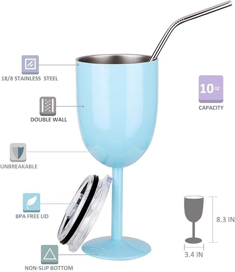 AMZUShome Stainless Steel Wine Glasses(2 Pack).Double Walled Vacuum Insulated Wine Tumbler Cups With Lid and Straw.Friendship,Christmas,Birthday Gifts for Women Men Friends Dad Mom(10oz Light Blue)