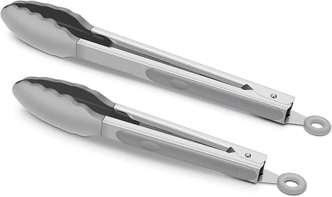 2 Pack Grey Kitchen Tongs, Premium Silicone BPA Free Non-Stick Stainless Steel BBQ Cooking Grilling Locking Food Tongs, 9-Inch & 12-Inch