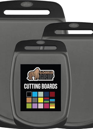 GORILLA GRIP BPA-Free Reversible Kitchen Cutting Board Set of 3, US Designed, Nonporous, Juice Grooves Catch Liquid, Slip Resistant Border, Dishwasher Safe, Durable Food Chopping Boards, Black Gray