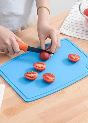 Liflicon Thick Silicone Cutting Board 12.6'' x 9.1'' Foldable & Flexible Design Juice Grooves Easy Grip Handle Dishwasher Safe-Blue