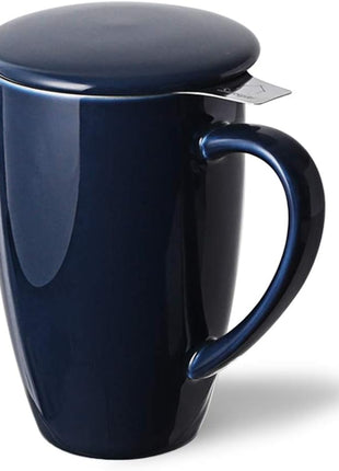 Sweejar Porcelain Tea Infuser Cup with Lid, 16 oz Tea Cup with Strainers for Loose Leaf Tea, Microwave and Dishwasher Safe Coffee Mug, Tea Steeping Mug for Tea Drinkers,Christmas Gift (Navy)