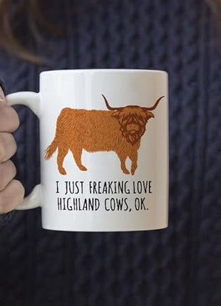 LOZACHE Highland Cow Coffee Mug, 11oz Highland Cattle Ceramic Mug Tea Milk Cup, Funny Gag Gift Ideas White Elephant for Adults Men Women Friends Cow Lovers