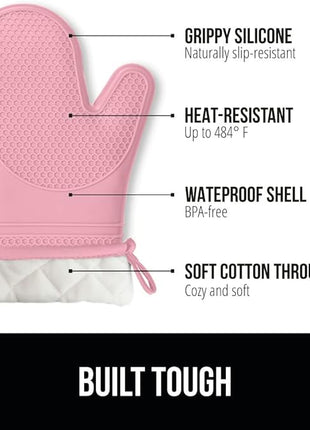 GORILLA GRIP BPA-Free Soft Silicone Oven Mitts, Heat Resistant and Waterproof Cooking Gloves, Thick Cotton Lining, Flexible Gripping for Baking Grilling, Kitchen Potholders Set of 2, 12.5x8.3, Pink