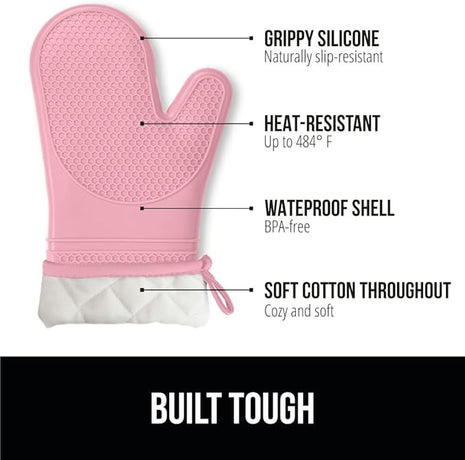 GORILLA GRIP BPA-Free Soft Silicone Oven Mitts, Heat Resistant and Waterproof Cooking Gloves, Thick Cotton Lining, Flexible Gripping for Baking Grilling, Kitchen Potholders Set of 2, 12.5x8.3, Pink